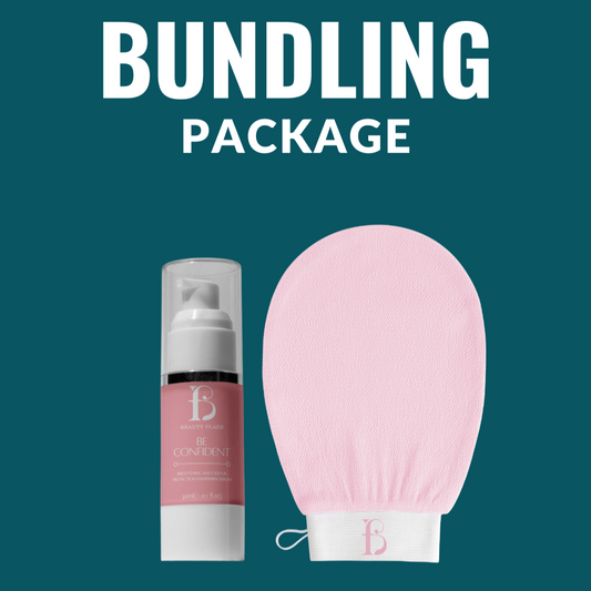 Bundling package with a bottle and pink glove on a teal background
